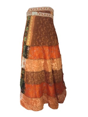 Fair Trade Tiered Full Length Sari Silk  Reversible Wrap Skirt - Orange / Brown Design