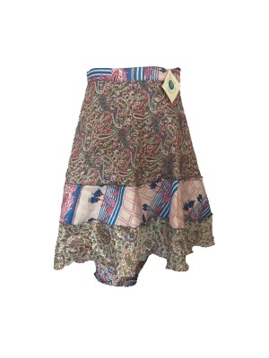 Fair Trade Short Sari Silk  Reversible Tiered Wrap Skirt - Blue / Grey Design