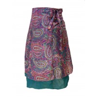 Fair Trade Double Layered Midi Length Swish Wrap Skirt - Pinks and Greens with Deep Green Underskirt