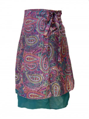 Fair Trade Double Layered Midi Length Swish Wrap Skirt - Pinks and Greens with Deep Green Underskirt Fair Trade Double Layered Midi Length Swish Wrap Skirt - Pinks and Greens with Deep Green Underskirt