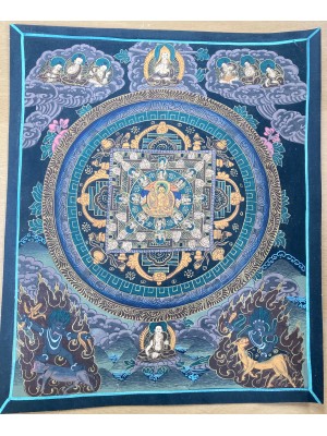 Original Vintage Black Kalachakra Mandala Tibetan Buddhist Thangka Painting - Fair Trade