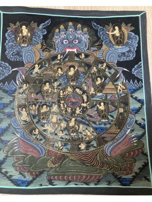 Original Vintage Black Wheel of Life Tibetan Buddhist Thangka Painting  - Fair Trade