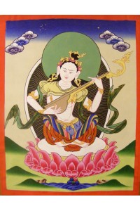  Genuine Original Tibetan Buddhist Thangka Painting -  Saraswati , Goddess of Knowledge and Wisdom  - Fair Trade