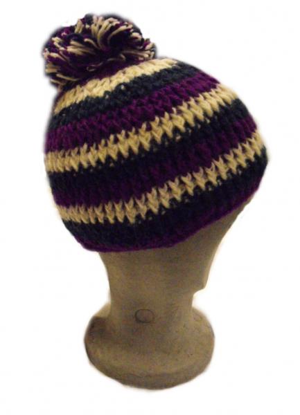 Purple, White & Blue Striped Bobble Hat - Fleece lined for extra warmth and comfort - Hand Knitted