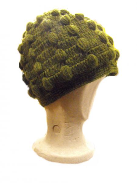 Fair Trade New Style Khaki Green Bobbly Bobble Hat - Fleece lined - Hand Knitted - 100% Fairtrade Wool