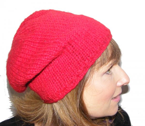 Cool Handknitted Woollen Red Slouch Beanie Hat with fleece lining ideal for skaters and snowboarders