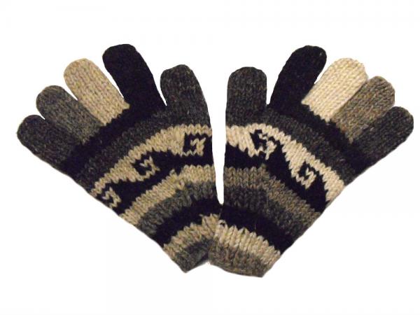 Fair Trade Handknitted Woollen Black and White Gloves with Tibetan Design