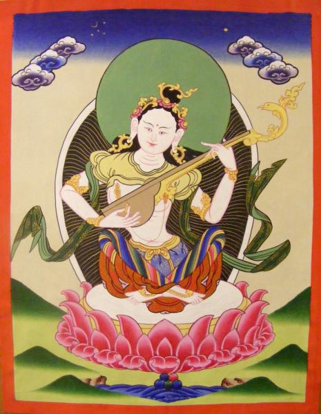  Genuine Original Tibetan Buddhist Thangka Painting -  Saraswati , Goddess of Knowledge and Wisdom  - Fair Trade