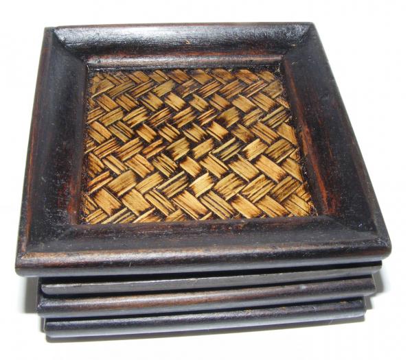 Set of 4 Stylish Rattan and Dark Wood Coasters - Fair Trade