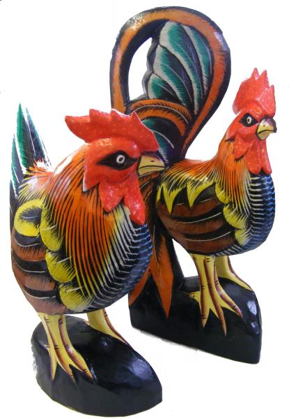 Wooden Cock & Hen / Chicken Statue / Carving / Ornament - Hand carved, Hand painted - Fair Trade