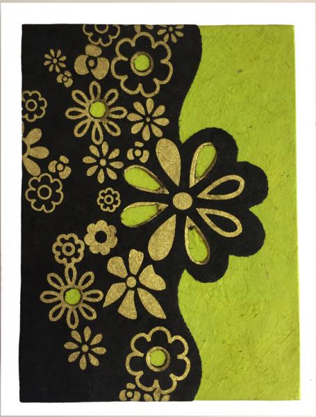 Fair Trade Handmade Nepali Lokta Paper Green, Black & Gold Flower Book