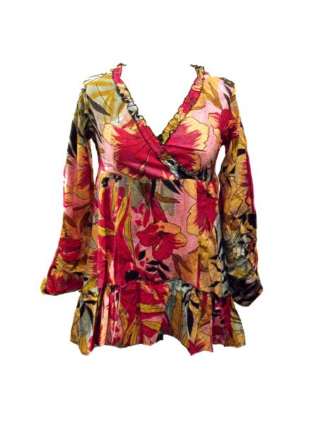 Ethnic Bold Flower Print Pale Blue & Pink Abbie Blouse - Fair Trade 100% Cotton