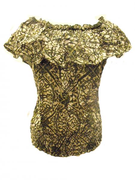 100% Floaty Cotton Ruffle Collar Green / White Jasmine Print Blouse - Fair Trade