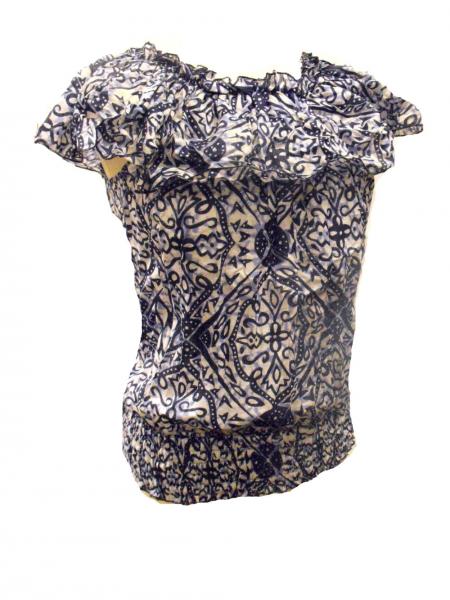 100% Floaty Cotton Ruffle Collar Blue / White Jasmine Print Blouse - Fair Trade