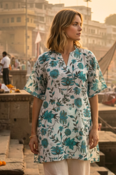  Beautiful Emma Flower Print Kaftan Top - Fair Trade