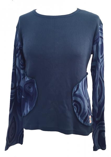 Fair Trade Blue Jersey Cotton Retro Spiral Ladies Long Sleeve Top 