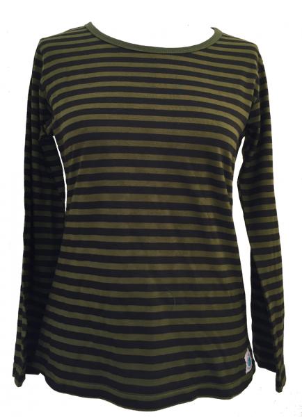 Fair Trade 100% Cotton Classic Stripey Green / Black Ladies Long Sleeve Fitted T Shirt