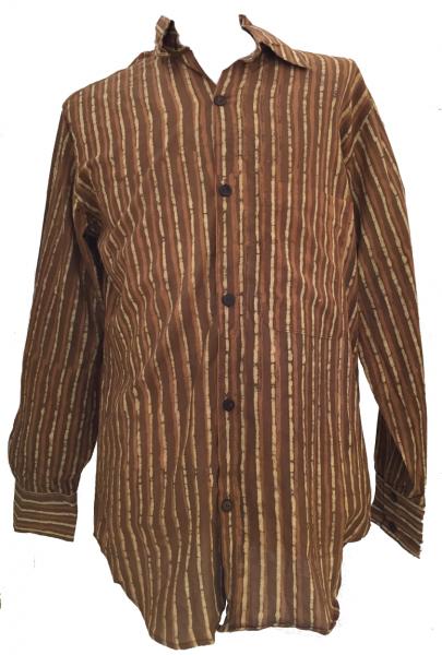 Light Brown / Dark Brown Striped Blockprint Cotton Mens Long Sleeve Shirt - Fair Trade