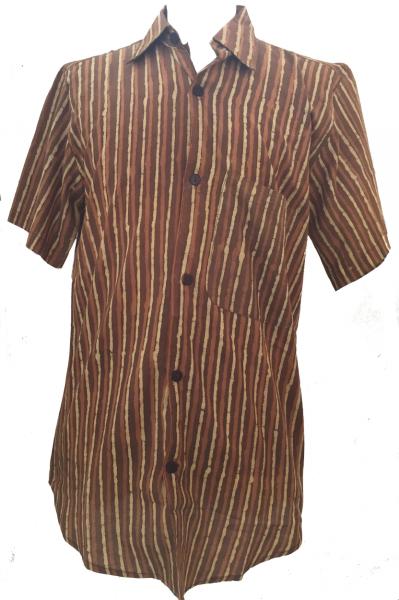 Light Brown / Dark Brown Striped Blockprint Cotton Mens Short Sleeve Shirt - Fair Trade