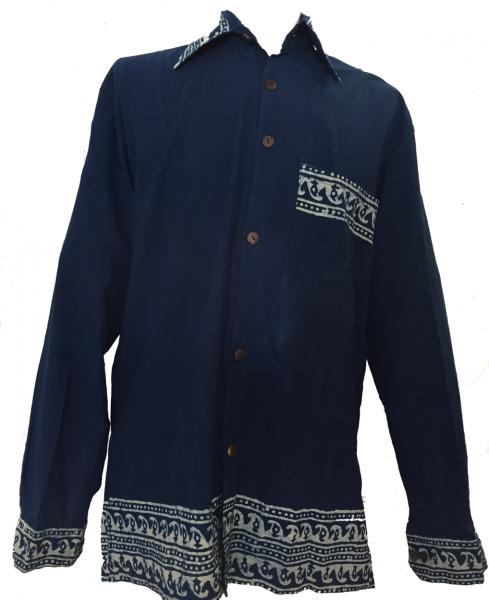 Blue Traditional Blockprint Cotton Mens Long Sleeve Shirt - Fair Trade