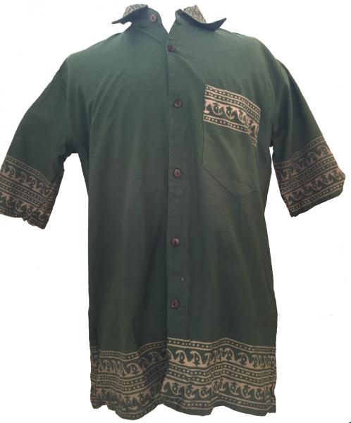 Green Traditional Blockprint Cotton Mens Short Sleeve Shirt - Fair Trade