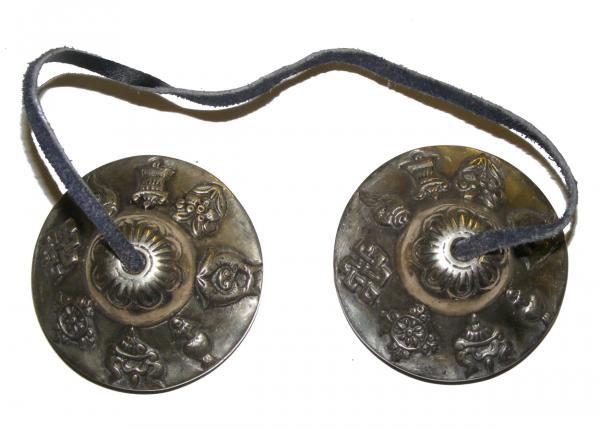 Eight Auspicious Signs Tibetan Buddhist Tingsha ( Buddhist cymbals) with satin carry bag  - Fair Trade 