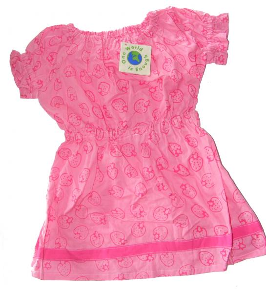100% Cotton Classic Pink Strawberry Print  Little Girls Summer Dress - Fair Trade