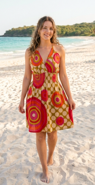 Bright Yellow / Green Colourful Dotty Short Summer Dress/Party Dress - Fair Trade 100% Cotton