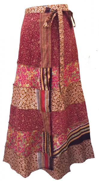 Fair Trade Tiered Full Length Sari Silk  Reversible Wrap Skirt - Red / Pink Design