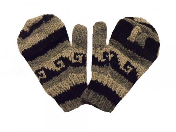 Fair Trade Handknitted Woollen Black & White Tibetan Design Fingerless Gloves with mitten cover