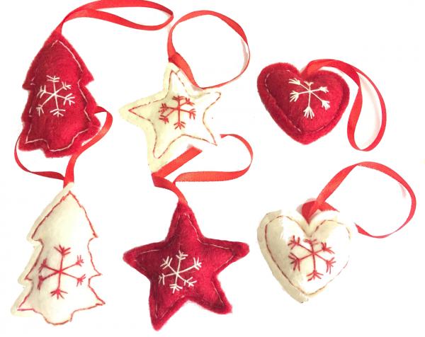 Fair Trade Felt Red & White Christmas Tree Decorations - Set of 6