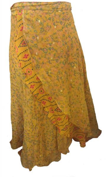 Fair Trade Full Length Sari Silk  Reversible Wrap Skirt -Yellow / Gold Design