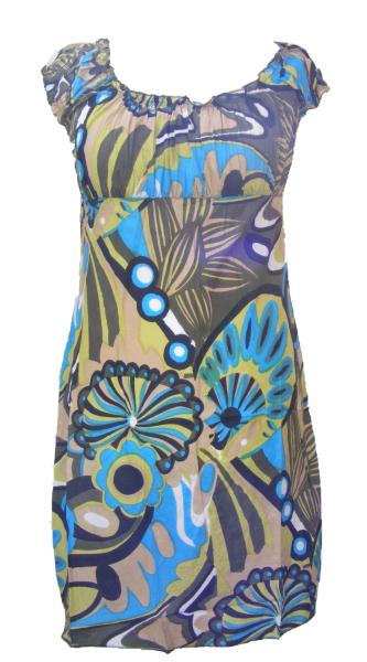 100% Soft Cotton Short Blue / Green Shelley Bold Patterned Summer Dress / Long Top - Fair Trade 