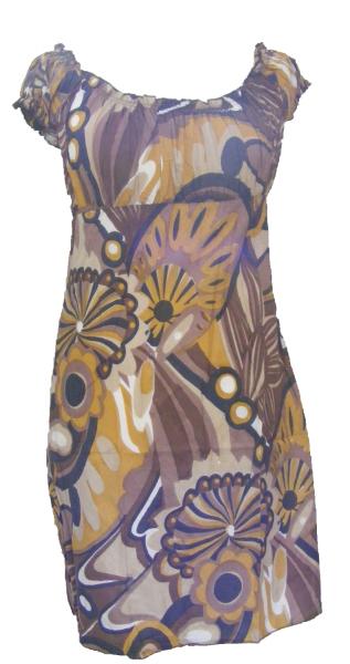 100% Soft Cotton Short Brown / Yellow Shelley Bold Patterned Summer Dress / Long Top - Fair Trade 